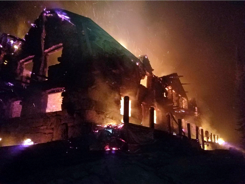 This Thursday, Aug. 31, 2017, image from video provided by the Hutton Incident Team shows the historic main Sperry Chalet building engulfed in flames in Glacier National Park, Mont. Glacier National Park’s historic Sperry Chalet was lost to the Sprague Fire overnight. (Hutton IncidentTeam via AP)